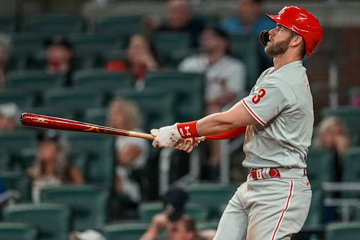Philadelphia Phillies Designated Hitter Bryce Harper Watches his Go Ahead Home Run against the Atlanta Braves.